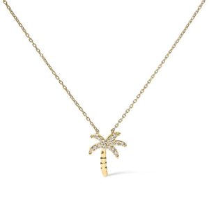 10kt Yellow Gold 1/10 Cttw Round Diamond Palm Tree 18" Inch Pendant Necklace (H-I Color, I1-I2 Clarity)