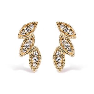 10kt Yellow Gold 1/10 Cttw Diamond Triple Leaf Stud Earring (H-I Color, I1-I2 Clarity)