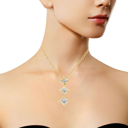 10kt Gold 1/5 Cttw Princess Cut, 3 Stone Diamond Drop Pendant, 18" Necklace (H-I Color, SI2-I1 Clarity) - Image 2