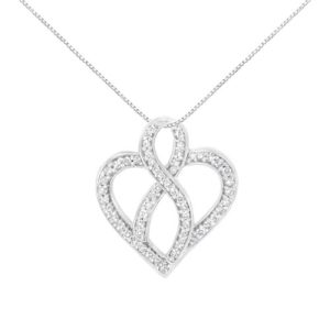 14kt White Gold 1/4 cttw Round Cut Diamond Heart and Ribbon Center Pendant Necklace (H-I, I1-I2)