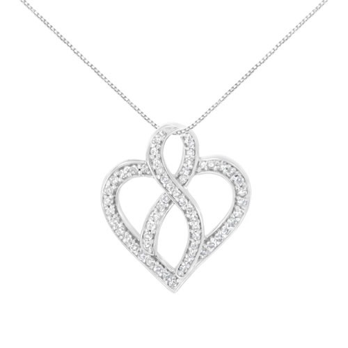 14kt White Gold 1/4 cttw Round Cut Diamond Heart and Ribbon Center Pendant Necklace (H-I, I1-I2)