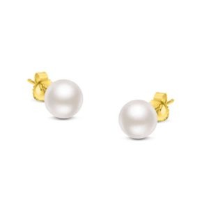 Pearls are a timeless classic, and these simple pearl stud earrings are the height of quality. These high luster Akoya cultured pearls are white with pink overtones and are perfectly round. Each pearl is set in a cup setting crafted of real 14 karat gold, a precious metal that will keep a tarnish-free shine for years to come. Dimensions 8 x 8 x 15 mm.