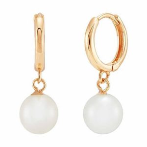 14KT Yellow Gold Huggie Hoop Earrings with Pearl Drop